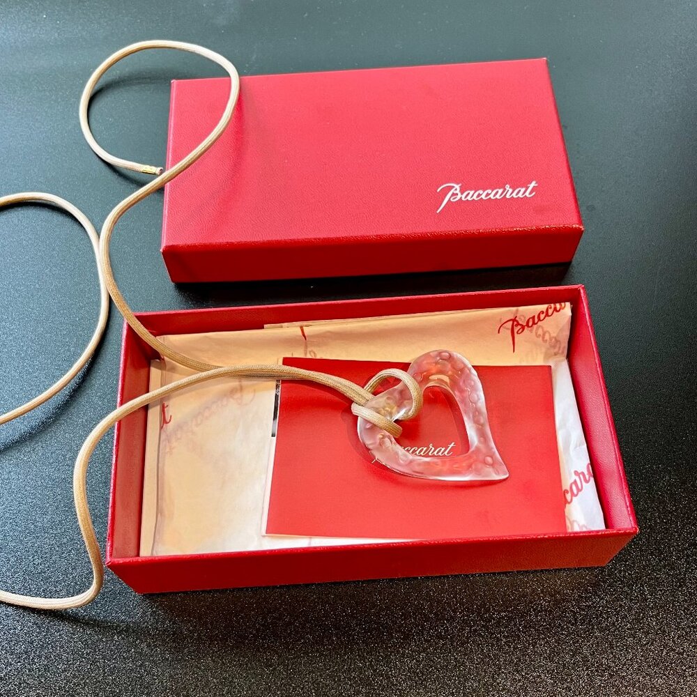 Baccarat Open Heart Necklace Pendant Crystal Glass Matte Clear with Box